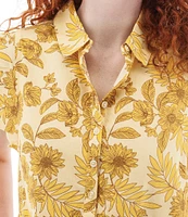 Aventura Lyndhurst Organic Cotton Floral Collared Neck Flutter Cap Sleeve Button Front A-Line Dress