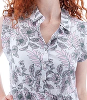 Aventura Lyndhurst Organic Cotton Floral Collared Neck Flutter Cap Sleeve Button Front A-Line Dress