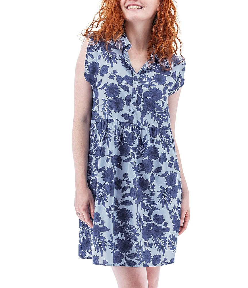 Aventura Lyndhurst Organic Cotton Floral Collared Neck Flutter Cap Sleeve Button Front A-Line Dress