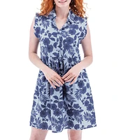 Aventura Lyndhurst Organic Cotton Floral Collared Neck Flutter Cap Sleeve Button Front A-Line Dress