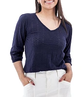Aventura Maitland Organic Cotton Blend Burnout Single Knit Jersey V-Neck 3/4 Sleeve Top
