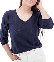 Aventura Maitland Organic Cotton Blend Burnout Single Knit Jersey V-Neck 3/4 Sleeve Top