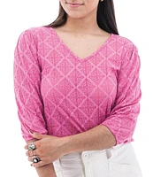 Aventura Maitland Organic Cotton Blend Burnout Single Knit Jersey V-Neck 3/4 Sleeve Top