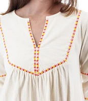 Aventura Natalia Embroidered Organic Cotton Slub Knit Split V-Neck Peasant Dress