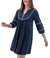 Aventura Natalia Embroidered Organic Cotton Slub Knit Split V-Neck Peasant Dress