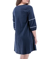 Aventura Natalia Embroidered Organic Cotton Slub Knit Split V-Neck Peasant Dress