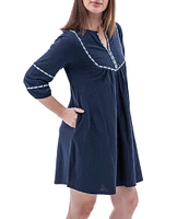 Aventura Natalia Embroidered Organic Cotton Slub Knit Split V-Neck Peasant Dress