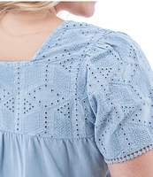 Aventura Shelle Organic Cotton Embroidered Woven Eyelet Square Neck Swing Top