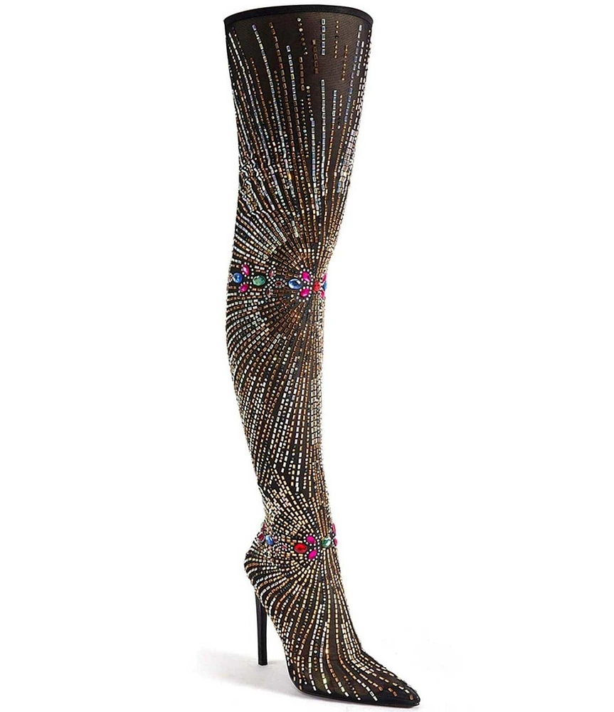 Azalea Wang Chevelle Stretch Mesh Rhinestone Thigh High Dress Boots