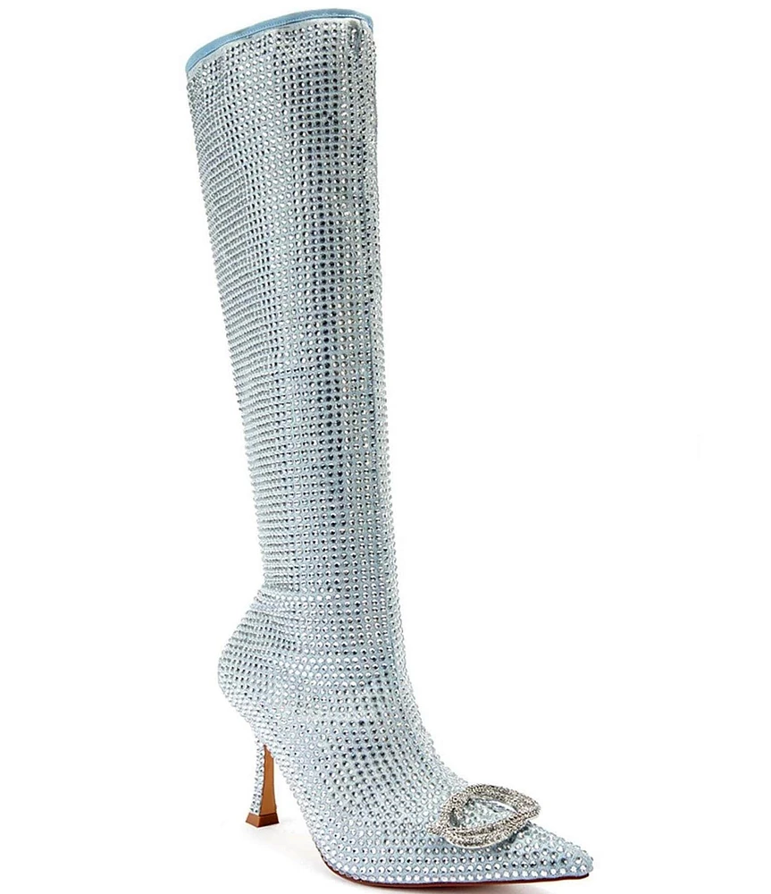 Azalea Wang Confection Crystallized Denim Bow Tall Boots