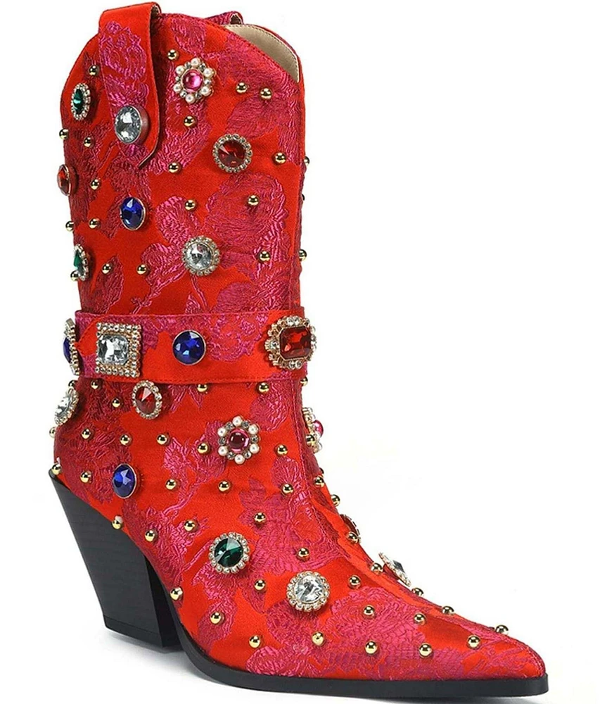 Azalea Wang Diligent Floral Brocade Rhinestone Western Mid Boots