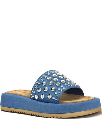 Azalea Wang Espinosa Denim Studded Platform Slide Sandals