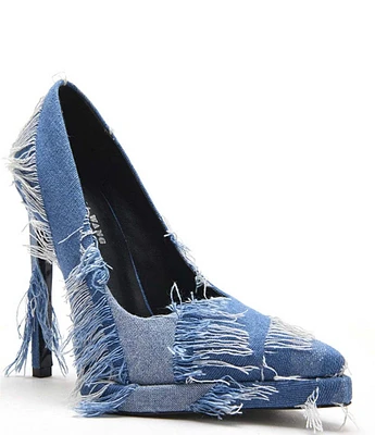 Azalea Wang Giada Frayed Two-Toned Denim Platform Pumps