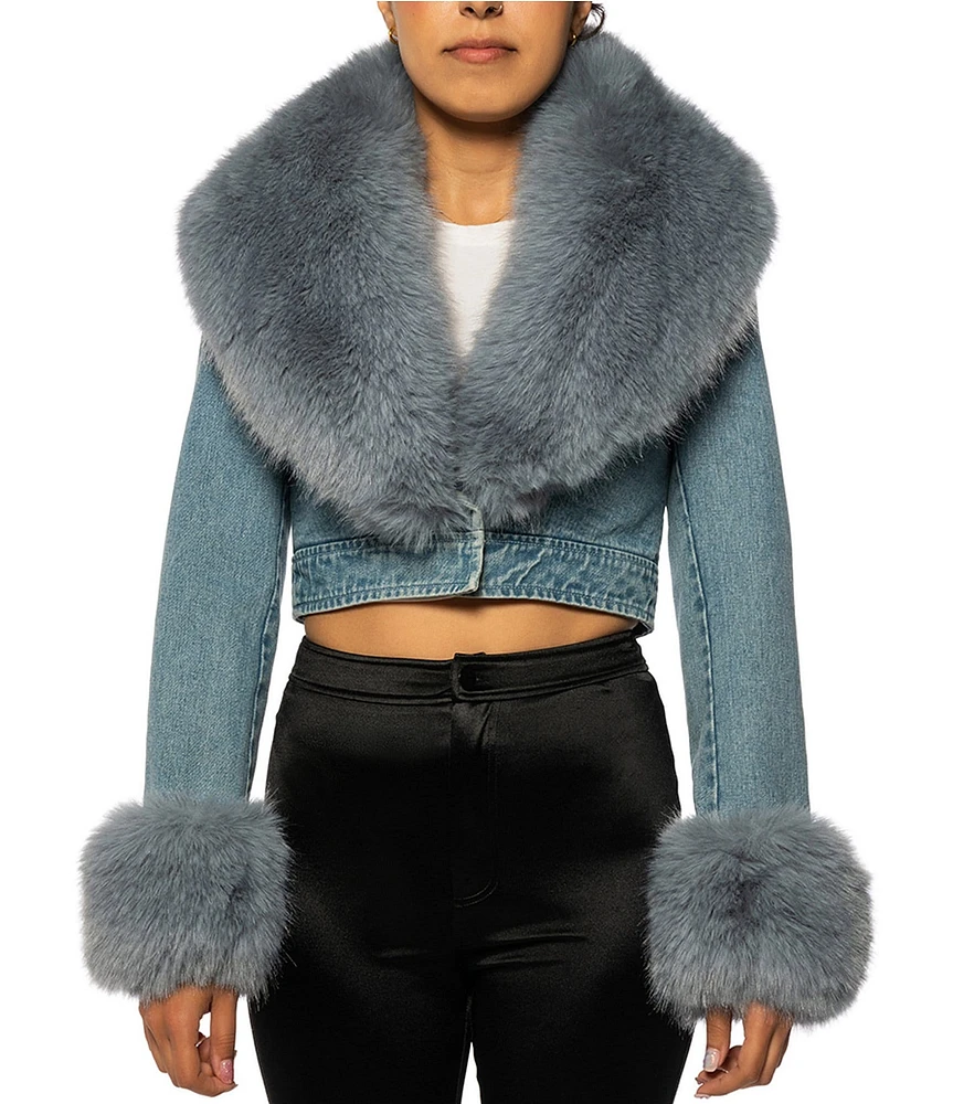 Azalea Wang Gisele-Denim Faux Fur Collared Statement Cropped Jacket