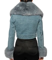 Azalea Wang Gisele-Denim Faux Fur Collared Statement Cropped Jacket