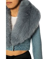 Azalea Wang Gisele-Denim Faux Fur Collared Statement Cropped Jacket