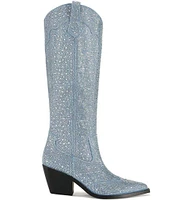 Azalea Wang Louella Denim Rhinestone Tall Western Boots