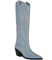 Azalea Wang Louella Denim Rhinestone Tall Western Boots