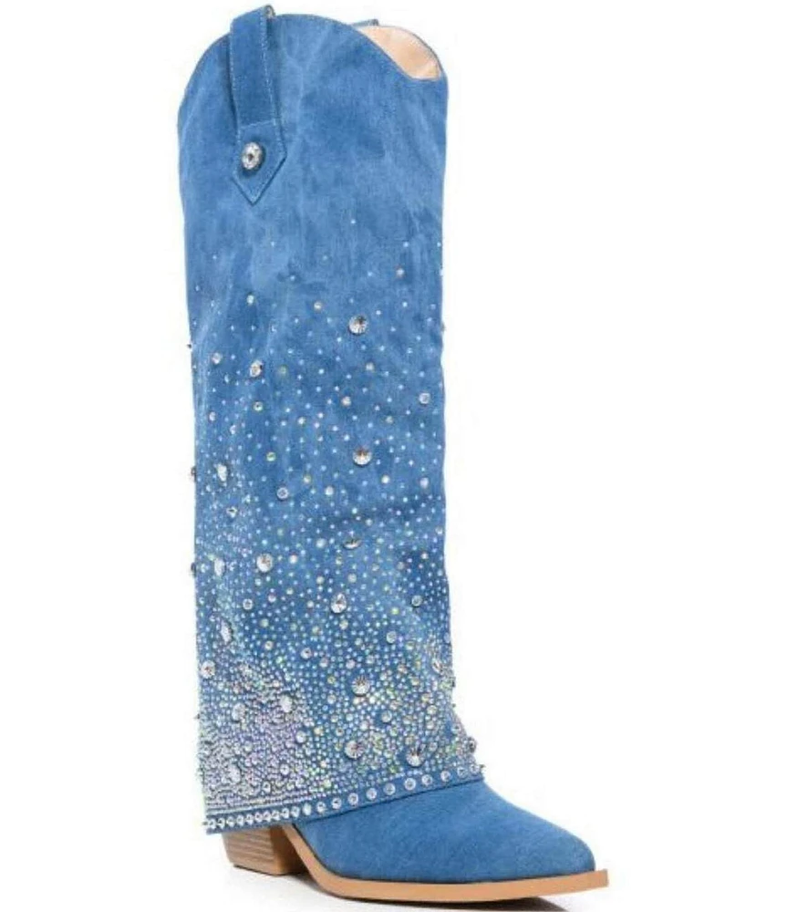 Azalea Wang Mellow Denim Rhinestone Fold Over Western Boots