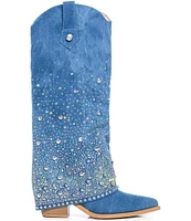 Azalea Wang Mellow Denim Rhinestone Fold Over Western Boots