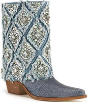 Azalea Wang Stagecoach Crystal Embellished Denim Western Mid Boots