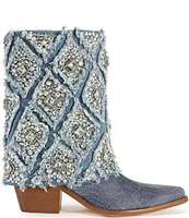 Azalea Wang Stagecoach Crystal Embellished Denim Western Mid Boots