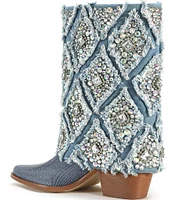 Azalea Wang Stagecoach Crystal Embellished Denim Western Mid Boots