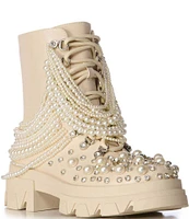 Azalea Wang Twinkley Pearl Rhinestone Embellished Combat Boots