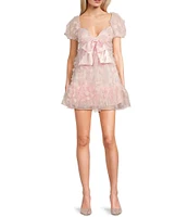 B. Darlin 3D Floral V-Neck Short Puff-Sleeve Bow Front Ruffle Dress