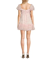 B. Darlin 3D Floral V-Neck Short Puff-Sleeve Bow Front Ruffle Dress
