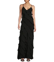 B. Darlin All Over Ruffle Trim V-Neck Spaghetti Strap Long Dress