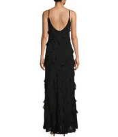 B. Darlin All Over Ruffle Trim V-Neck Spaghetti Strap Long Dress