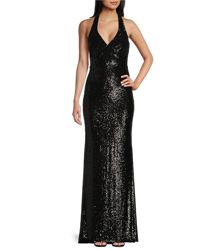 B. Darlin Allover Sequin Sleeveless Halter V-Neck Dress