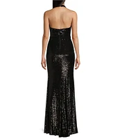 B. Darlin Allover Sequin Sleeveless Halter V-Neck Dress