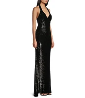 B. Darlin Allover Sequin Sleeveless Halter V-Neck Dress