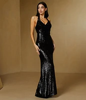B. Darlin Allover Sequin Sleeveless Halter V-Neck Dress