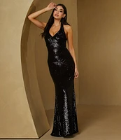 B. Darlin Allover Sequin Sleeveless Halter V-Neck Dress