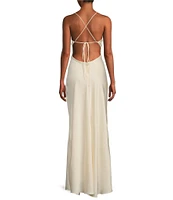 B. Darlin Bubble Satin V-Neck Spaghetti Strap Criss Cross Back Long Dress