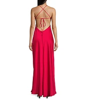 B. Darlin Bubble Satin V-Neck Spaghetti Strap Criss Cross Back Long Dress