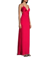 B. Darlin Bubble Satin V-Neck Spaghetti Strap Criss Cross Back Long Dress