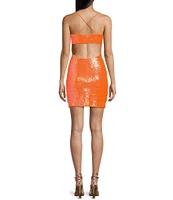 B. Darlin Bungee Spaghetti Strap Cowl Neck Sequin Mesh Bodycon Dress