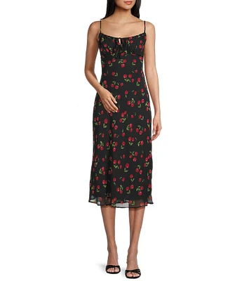 B. Darlin Cherry Print Scoop Neck Tie Front Ruffle Hem Midi Dress