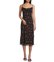 B. Darlin Cherry Print Scoop Neck Tie Front Ruffle Hem Midi Dress