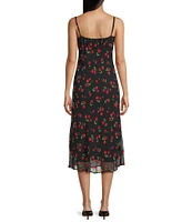B. Darlin Cherry Print Scoop Neck Tie Front Ruffle Hem Midi Dress