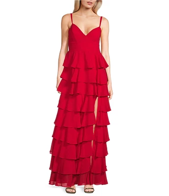 B. Darlin Chiffon Double Spaghetti Strap V-Neck Tiered Ruffle Long Dress