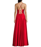 B. Darlin Cowl Neck Lace Up Rhinestone Back Long Satin Dress