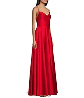 B. Darlin Cowl Neck Lace Up Rhinestone Back Long Satin Dress