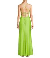 B. Darlin Cowl Pleated Neck Front Slit Lace-Up Back Shiny Knit Long Dress