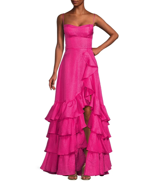 B. Darlin Crepe Organza Sweetheart Neck Spaghetti Strap Cascading Tiered  Ruffle Hem Side Slit Lace Up Back Dress | Brazos Mall