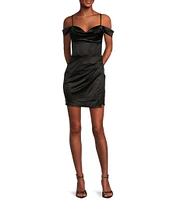 B. Darlin Drape Neck Off-The-Shoulder Faux Wrap Dress